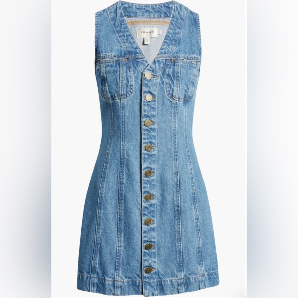 Frame Sleeveless V-Neck Button Front Trucker Pocket Denim Mini Dress - Picture 5 of 6